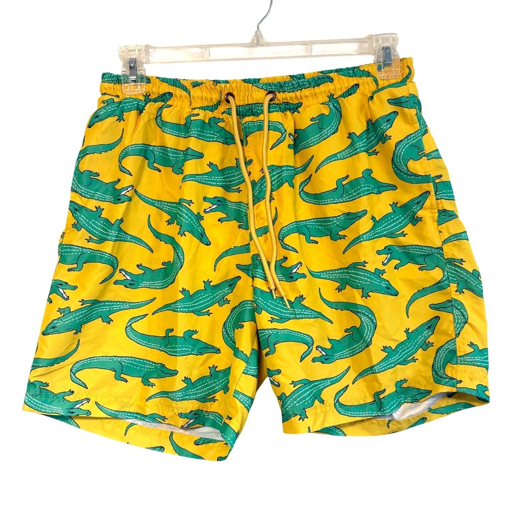 Club Room Mens Yellow Green Alligator Print Swim Trunks Medium Mesh Lined‎